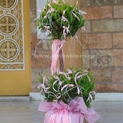 Christening for a Girl with natural trees with bows and ribbons