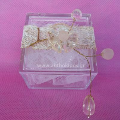 Μπομπονιέρες Γάμου, μπομπονιέρα διαφανές κουτάκι συνδιασμένο με λουλούδι