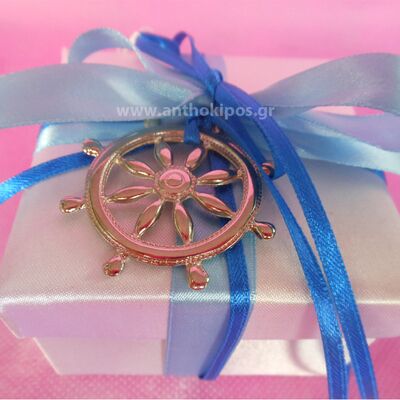 Wedding Favors, box with blue ribbons tied silver helm