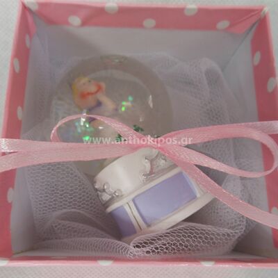 Christening Favor with snowball princess in pink polka dot box