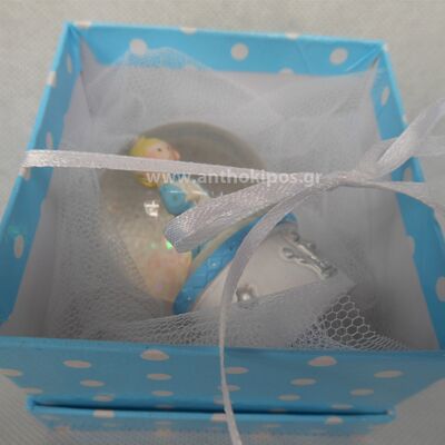 Μπομπονιέρα Βάπτισης με χιονόμπαλα πρίγκηπα μέσα σε γαλάζιο κουτί