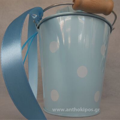 Christening Favor with blue polka dot bucket