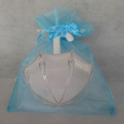 Christening Favor with blue pouch and transparent umbrella