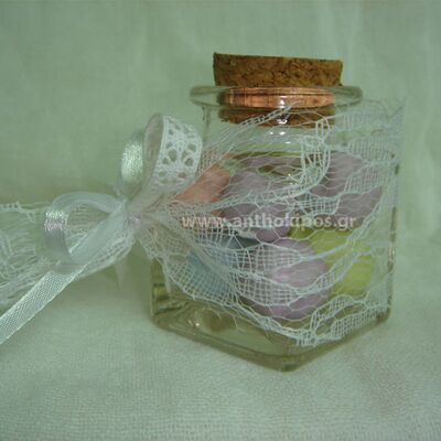 Wedding Favors, unique favor with glass bottle, lace and colored almonds