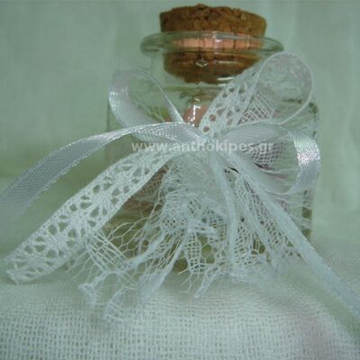 Wedding Favors, unique favor with glass bottle, lace and colored almonds