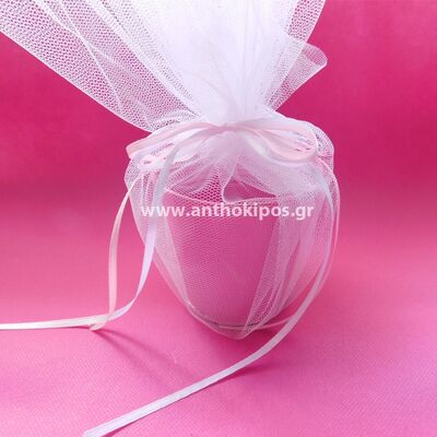 Christening Favor with fuchsia bucket wrapped in tulle
