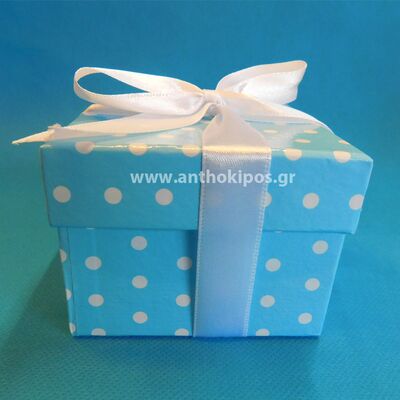 Christening bonbonniere with polka dot blue box and satin ribbon