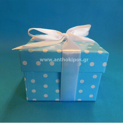 Christening bonbonniere with polka dot blue box and satin ribbon