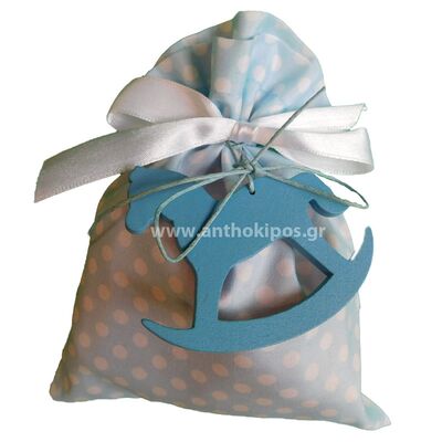 Christening Favor white blue pouch with wooden pony