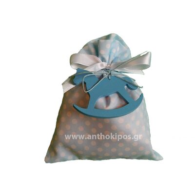 Christening Favor white blue pouch with wooden pony
