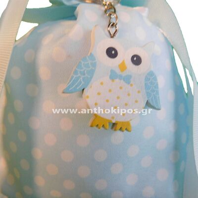 Christening Favor owl keychain on a blue pouch