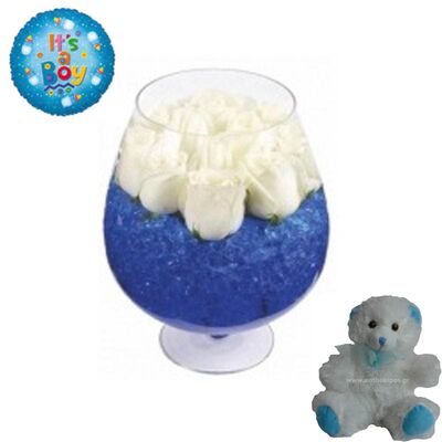 Flower arrangement for newborn baby boy with a balloon and a teddy bear