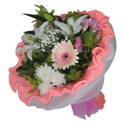 Bouquet with flowers in white-pink shade