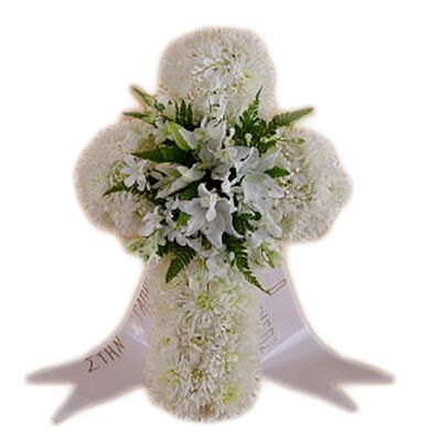 Funeral flowers cross with arrangement