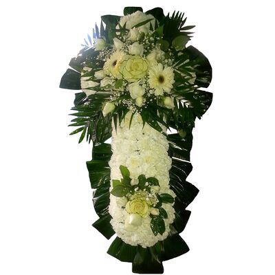 Funeral flowers cross with double arrangements