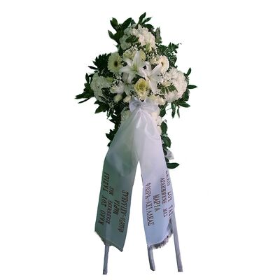 Funeral flowers cross in tripod