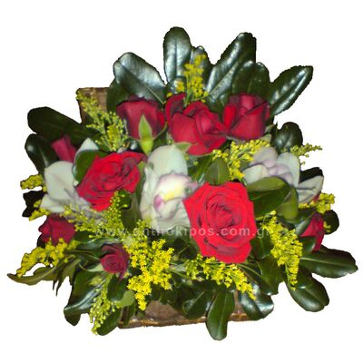 Flower Arrangements in trunk with red roses and white orchids(cymbidium)