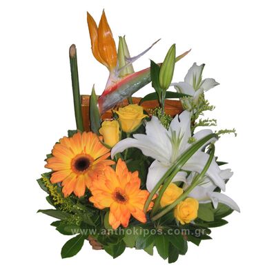 Flower Arrangements in trunk with yellow roses, orange gerberes, white orientals and bird of paradise