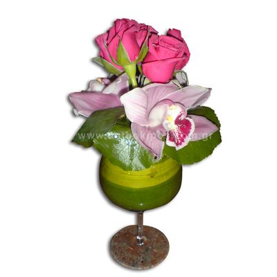 Roses and Orchids (cymbidium) in Glass
