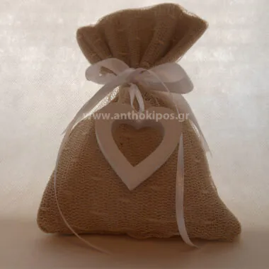 Wedding Favors, wedding favor pouch of burlap and lace and wooden heart