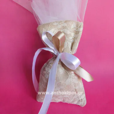 Wedding Favors, vintage pouch with burlap, lace and tulle inside