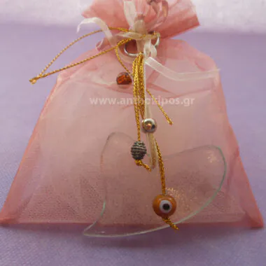 Wedding Favors, favor of pouch with glass heart in key ring