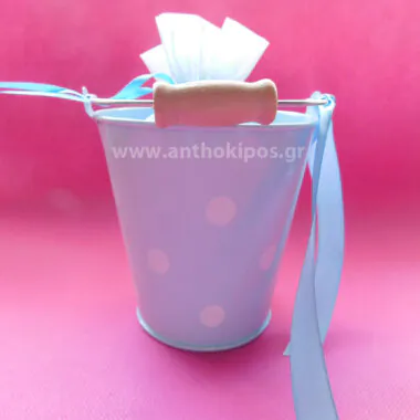 Christening Favor with blue polka dot bucket