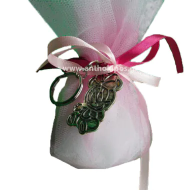 Christening Favor with fuchsia organza and a MINNIE keychain