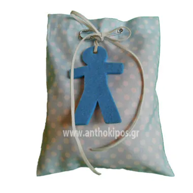Baptism Favor with blue polka dot pouch and baby boy nanny