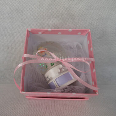 Christening Favor with snowball princess in pink polka dot box