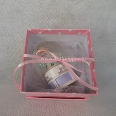 Christening Favor with snowball princess in pink polka dot box