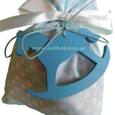 Christening Favor white blue pouch with wooden pony