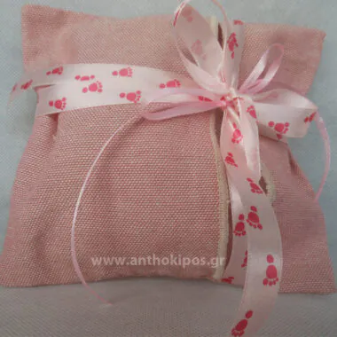 Christening Favor linen pouch with ribbon with slippers