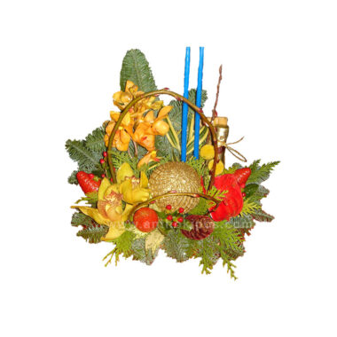Christmas - New Year flower arrangement unique in trunk with small champagne