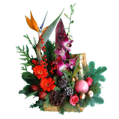 Christmas - New Year flower arrangement on trunk with small champagne