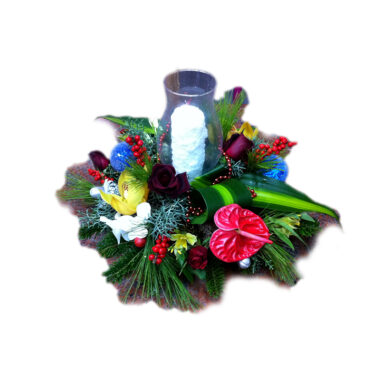 Christmas - New Year flower arrangement round with candle and lampglass