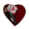 Box heart with fresh roses, teddy bear and small bottle of wine