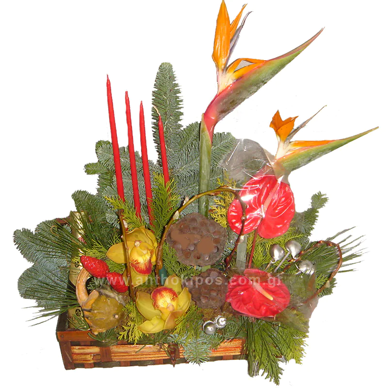Christmas - New Year flower arrangement in trunk with drink