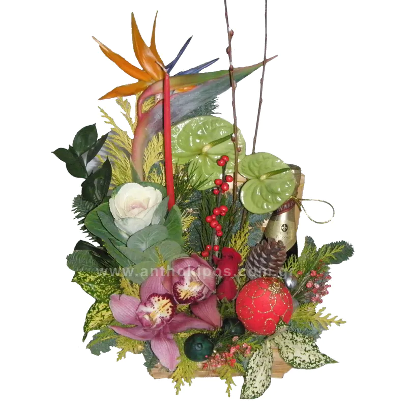 Christmas - New Year flower arrangement in trunk with small champagne