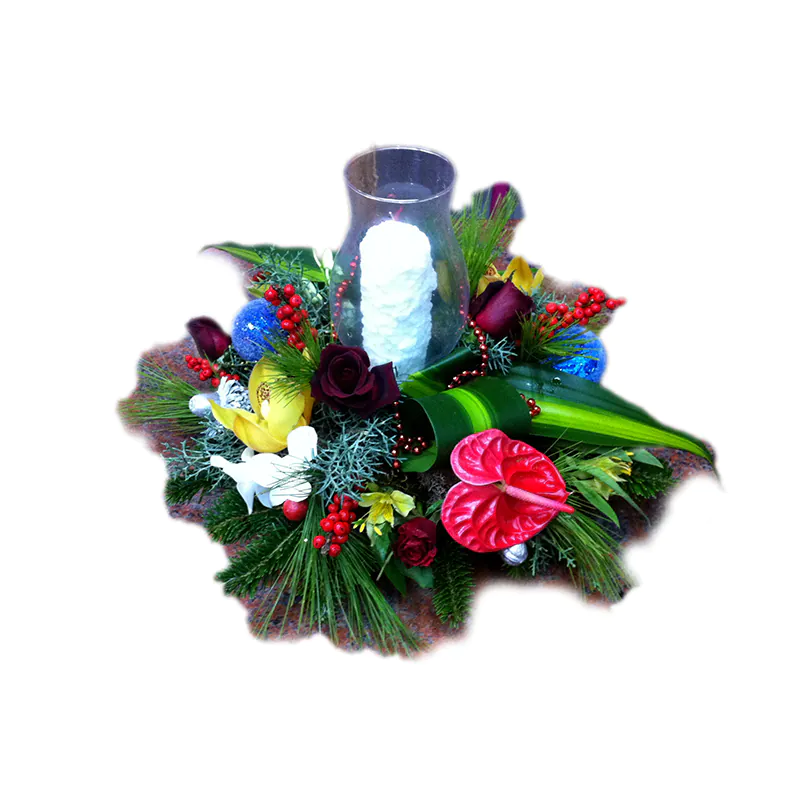 Christmas - New Year flower arrangement round with candle and lampglass