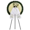 Funeral flower wreath on Tripod white composition and folliages