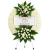 Funeral wreath on Tripod wheel with two white flower compsitions